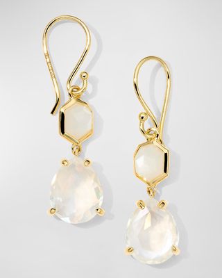 18K Gold Rock Candy Small Snowman Earrings in White Moonstone Rock Crystal MOP and Rock Crystal Triplet