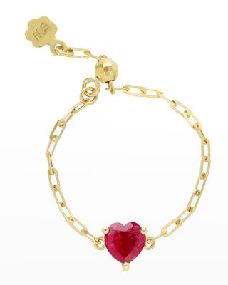 18K Gold Ruby Heart Adjustable Chain Ring