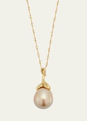 18K Gold South Sea Pearl and Leaf Pendant on Long Chain Necklace, 36"L