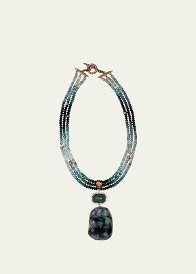 18K Gold Vintage Hand-Carved Pendant 3-Strand Necklace With Jade, Aquamarine, Tourmaline, and Diamonds