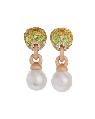 18k Green Stone & Baroque Pearl Drop Earrings