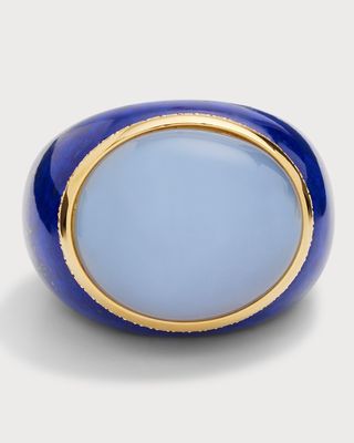 18K Lapis Lazuli Ring with Chalcedony Cabochon and Diamonds, Size 6-8