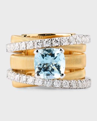 18K Masai Yellow Gold Ring with Diamonds and Aquamarine, Size 7