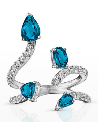 18K Mirage White Gold Ring with VS/GH Diamonds and Four Blue Topazes