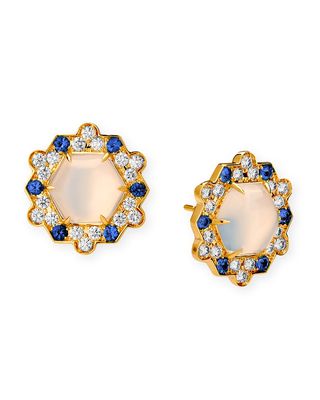 18k Mogul Hex Earrings with Moon Quartz, Sapphires and Diamonds