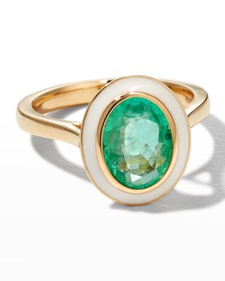 18K Queen Oval Emerald and White Enamel Ring