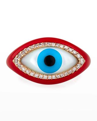 18k Red Ceramic & Diamond Evil Eye Ring, Size 6.5