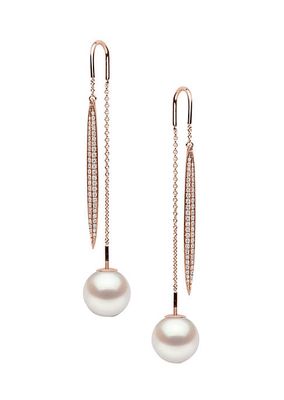 18K Rose Gold, 9.6MM Freshwater Pearl & Diamond Threader Earrings