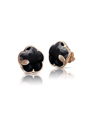 18k Rose Gold Black Onyx Floral Stud Earrings with Diamonds
