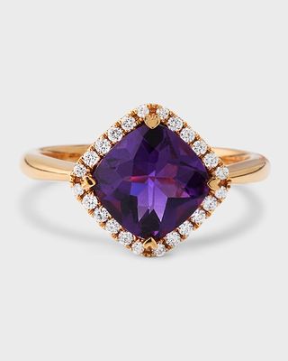 18K Rose Gold Cushion Amethyst and Diamond Ring, Size 6