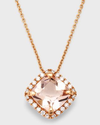 18K Rose Gold Cushion Morganite and Diamond Pendant Necklace