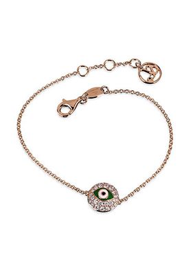 18K Rose Gold, Diamond & Green Enamel Evil Eye Chain Bracelet