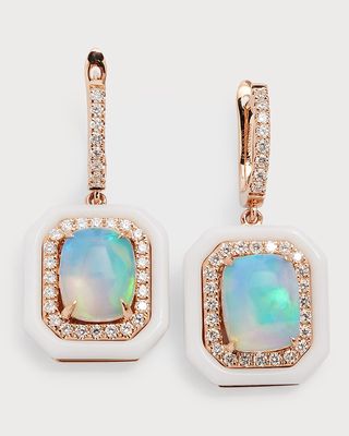 18K Rose Gold Earrings with Opal Cushions, Diamonds and White Frame, 3.93tcw