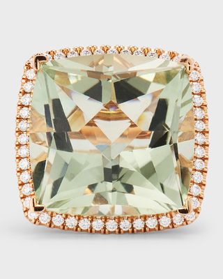 18K Rose Gold Green Quartz and Diamond Ring, Size 6