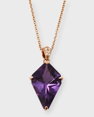 18K Rose Gold Kite Shape Amethyst and Diamond Pendant Necklace
