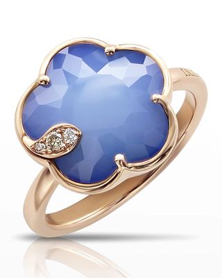 18k Rose Gold Lapis/White Agate Doublet Floral Ring with Diamonds