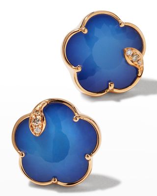 18k Rose Gold Lapis/White Agate Doublet Floral Stud Earrings with Diamonds