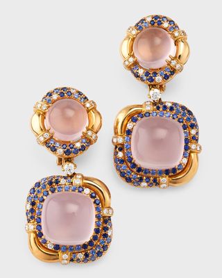 18K Rose Quartz Earrings with Sapphires and Diamonds