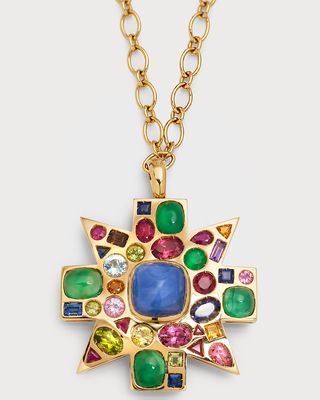 18K Sapphire, Emerald and Colored Stone "Byzantine" Pendant Brooch with Necklace Chain
