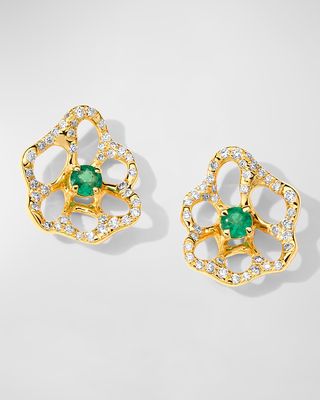 18K Stardust Drizzle Mini Flower Stud Earrings with Green Emerald and Diamonds