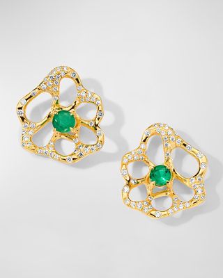 18K Stardust Drizzle Small Flower Stud Earrings with Green Emerald and Diamonds