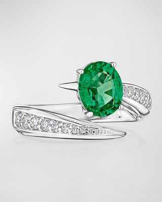 18K Tribal White Gold Emerald Ring with VS-GH Diamonds