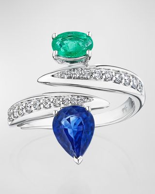 18K Tribal White Gold Sapphire and Emerald Ring with VS-GH Diamonds