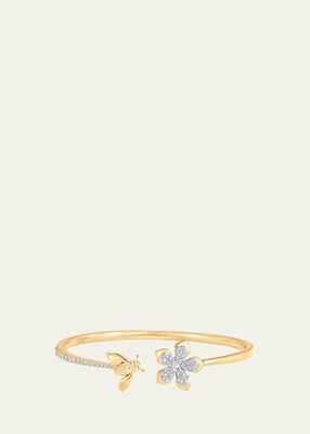 18K Two-Tone Gold Queen Bee Diamond Partial Flower And Bee Open Bangle Cuff