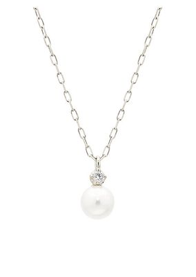 18K White Gold, 0.02 TCW Diamond & Akoya Cultured Pearl Pendant Necklace