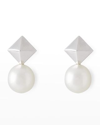18K White Gold 1mm South Sea Pearl and Cube Earrings