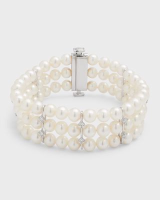 18K White Gold 3 Row Bracelet with Diamonds and Freshwater Pearls, 6-6.5mm