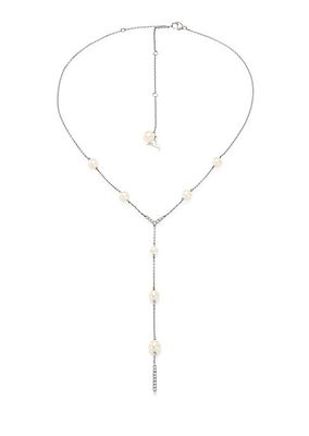 18K White Gold, 4-6.5MM Freshwater Pearl, & 0.19 TCW Diamond Y Necklace