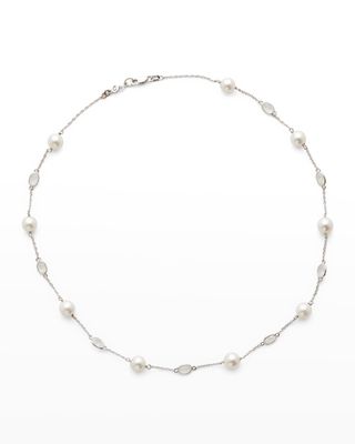 18K White Gold 7mm Akoya 9-Pearl and Oval Moonstone Necklace, 17.5"L