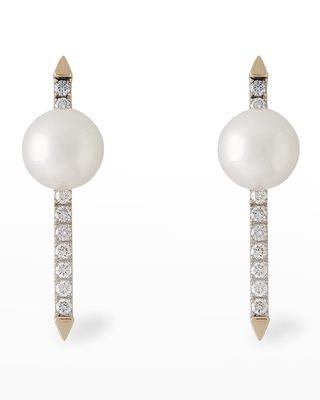 18K White Gold 8.5mm Akoya Pearl and Diamond Bar Earrings
