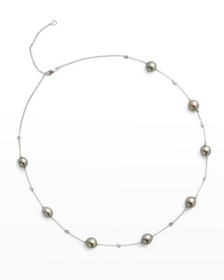 18K White Gold 9mm Gray Tahitian 7-Pearl and Diamond Necklace, 17.5"L