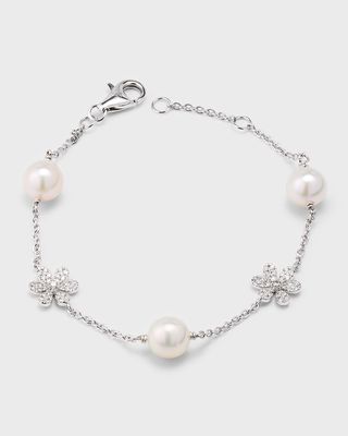 18K White Gold Akoya Pearl and Diamond Daisy Bracelet, 7"L