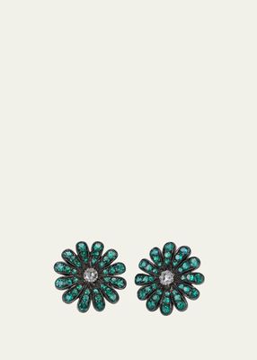 18K White Gold and Black Rhodium Daisy Earrings with Emeralds and Diamonds