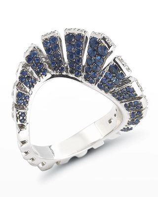 18k White Gold Blue Sapphire/White Diamond Fan Ring, Size 6.5
