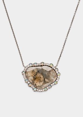18K White Gold Crystal Opal Diamond Pendant Necklace