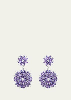 18K White Gold Dahlia Double Dangle Earrings with Diamonds and Purple Sapphires