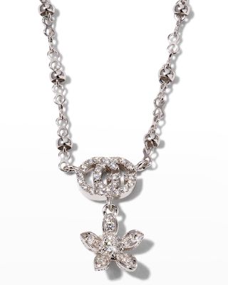 18k White Gold Diamond Flower Necklace w/ Micro Pearls