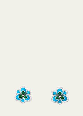 18k White Gold Diamond, Tsavorite, and Turquoise Flower Earrings