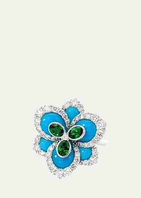 18k White Gold Diamond, Tsavorite, and Turquoise Flower Statement Ring