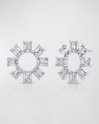 18K White Gold Emerald Cut Diamond Circle Stud Earrings