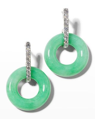 18k White Gold Green Jadeite Circle and Diamond Earrings