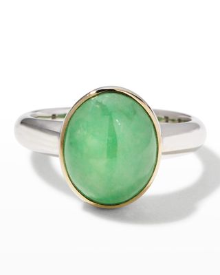 18k White Gold Green Jadeite Oval Dome Ring, Size 6.5