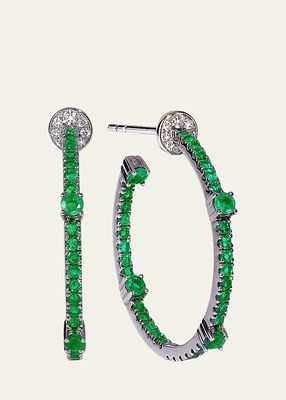 18K White Gold Hoop Earrings with Diamonds and Emeralds