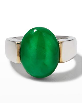18k White Gold Intense Green Jadeite Oval Dome Ring, Size 6.5