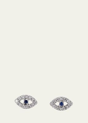 18K White Gold Kitten Eye Diamond and Blue Sapphire Stud Earrings
