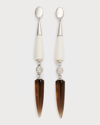 18K White Gold Look At Me Earrings with White Agate, Smokey Quartz and Diamonds